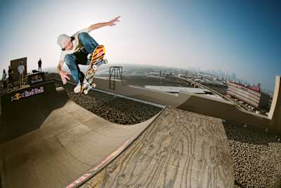 Torey Pudwill performs an ollie to fakie at Red Bull LA Mini half pipe skate sesh in Los Angeles, California