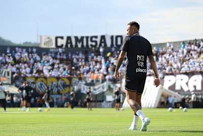 Neymar Jr takes the field ahead of the Santos vs Internacional clash in Santos, Brazil, on March 15, 2026. 