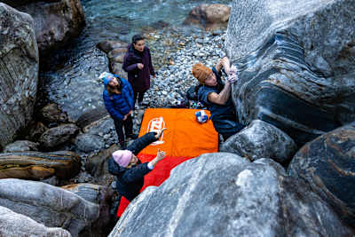 Ja-in Kim climbs a boulder route during the Red Bull Bouldering Camp in Ticino, Switzerland, in November 2025.