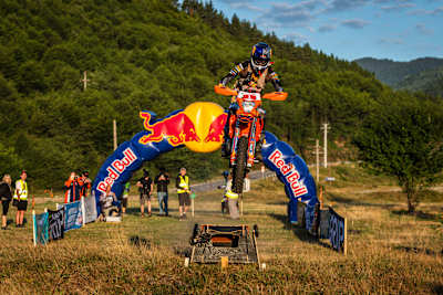 Manuel Lettenbichler performs during the first off-road day at Red Bull Romaniacs in Sibiu, Romania on July 23, 2025.   