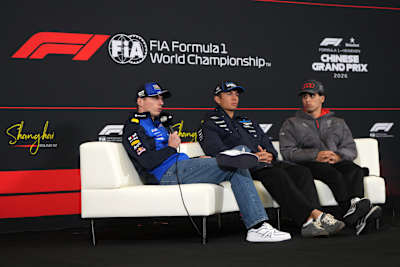 Max Verstappen, Alexander Albon and Gabriel Bortoleto attend the Drivers Press Conference during previews ahead of the F1 Grand Prix of China at Shanghai International Circuit on March 12, 2026