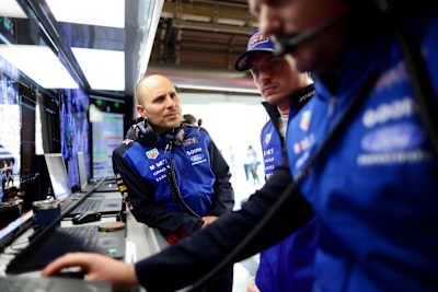 Gianpiero Lambiase, Head of Race Engineering and Max Verstappen in the garage prior to qualifying ahead of the F1 Grand Prix of Japan at Suzuka Circuit on March 28, 2026 in Suzuka, Japan. 