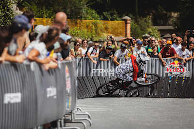 Downhill rider Johannes Fischbach powers through a sharp bend at Red Bull Cerro Abajo in Genoa, Italy. 