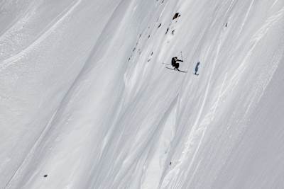 Finn Bilous takes on a steep descent during YETI Natural Selection Ski Alaska near Girdwood, Alaska. 