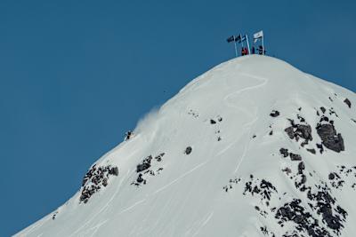 Markus Eder carves through deep powder on the Chugach peak during YETI Natural Selection Ski finals in Alaska. 