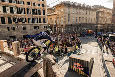 Roger Vieira launches from a jump during Red Bull Cerro Abajo the world's most extreme urban MTB downhill event