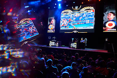 Arman Rabiee 'Phenom' Hanjani takes on Hajime 'Tokido' Taniguchi at the Capcom Cup Final at The Novo in Downtown Los Angeles. 