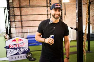 Alexander Rončević drinks a Red Bull during the Red Bull Road to Hyrox 2025 in Vienna, Austria.