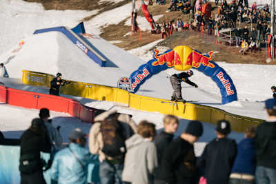 Tucker Fitzsimons throws down at Best Trick during Red Bull Unrailistic 2026 in Åre, Sweden, impressing the crowd with dynamic freestyle skiing action