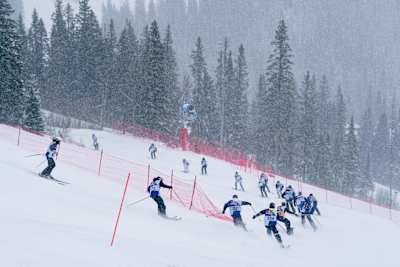 Skiers dash through heavy snowfall during Red Bull Homerun 2026 in Åre, Sweden