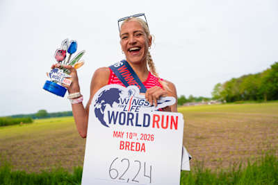 Overall winner Mikky Keetels poses for a portrait after winning the global women's title at the 2026 Wings for Life World Run