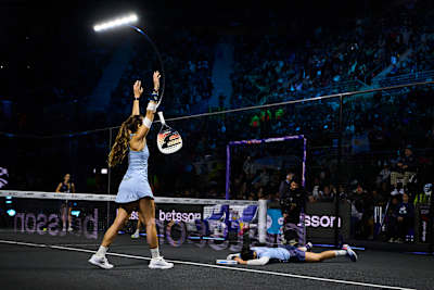 Gemma Triay and Delfina Brea collapse in relief after winning a tense semi-final at the Premier Padel P1 Buenos Aires, Argentina in May 2026.