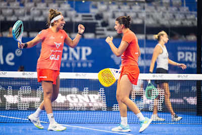 Beatriz Gonzalez Fernandez of Spain and Delfina Brea Senesi of Argentina celebrate victory at the GNP Mexico Major Premier Padel in Acapulco, Mexico on November 29, 2024.