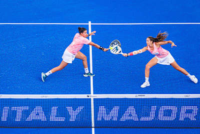 Delfina Brea Senesi (L) of Argentina and Gemma Triay Pons of Spain compete during the BNL Italy Major Premier Padel final match held at the Foro Italico in Rome, Italy on June 15, 2025.