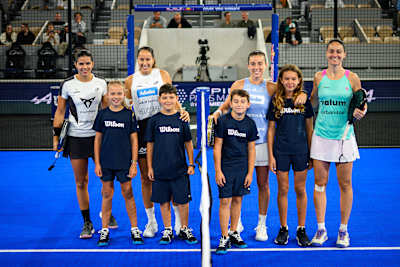 Delfina Brea Senesi, Gemma Triay Pons, Marta Ortega Gallego, Tamara Icardo Alcorisa pose before the Alpine Paris Major Premier Padel final match in Paris, France on September 14, 2025.