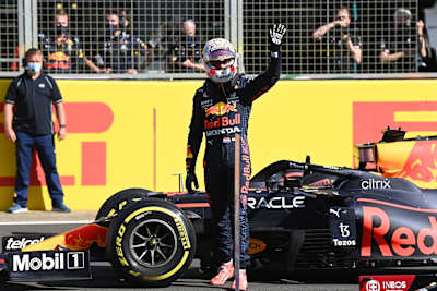 Max Verstappen celebrates in parc ferme during the Sprint for the F1 Grand Prix of Great Britain at Silverstone on July 17, 2021 in Northampton, England. 