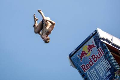 James Lichtenstein performs a back quint at the Red Bull Cliff Diving World Series in Bali, 2026