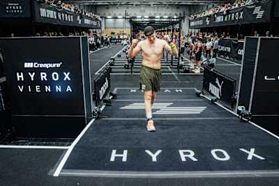 Timo Zeilinger crosses the line during the HYROX event in Vienna, Austria in February 2026.