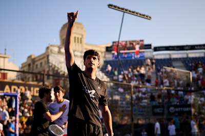 Arturo Coello seen waving to fans during the Valladolid Premier Padel P2, on June 25, 2025