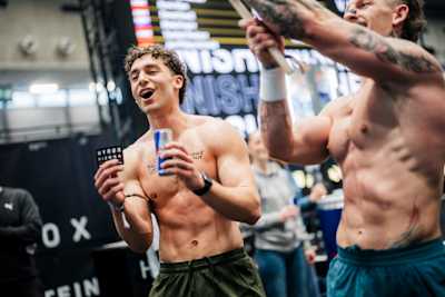 Florian Mesaros celebrates after the HYROX competition in Vienna, Austria on February 7, 2026.