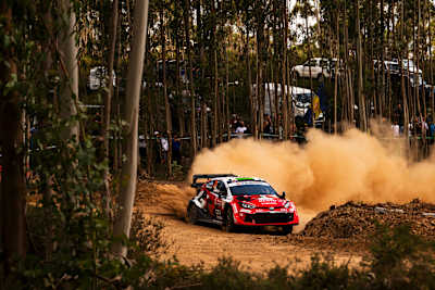 Elfyn Evans (GBR) and Scott Martin (GBR) of team TOYOTA GAZOO RACING WRT seen during Stop 6 of the FIA World Rally Championship in Porto, Portugal on May 6, 2026.