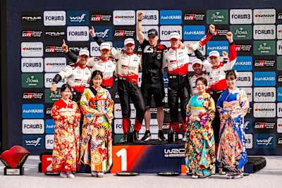 TOYOTA teams celebrate on the podium at the WRC Rally1 category at FORUM8 Rally Japan in Toyota City, Japan on May 31, 2026 