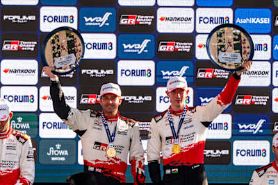 Elfyn Evans (GBR), Scott Martin (GBR) Of team TOYOTA GAZOO RACING WRT celebrate on the podium after winning the WRC Rally1 category at FORUM8 Rally Japan in Toyota City, Japan on May 31, 2026.