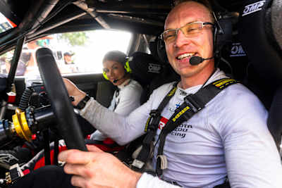 Jari-Matti Latvala is captured inside his rally car during the WRC2 at World Rally Championship Finland in Jyväskylä, Finland on 3 August 2025, showcasing true Red Bull racing spirit