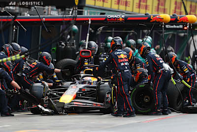 Max Verstappen makes a pitstop during the F1 Grand Prix of Australia at Albert Park Grand Prix Circuit on March 16, 2025 in Melbourne, Australia. 