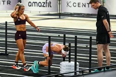 Lucy Procter and Sinead Bent during the sled push in the Elite Doubles race at the HYROX World Championship in Stockholm, Sweden in June 2026.