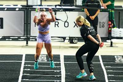 Lucy Procter tackles the Burpee Broad Jumps in the Elite Doubles race at the HYROX World Championship in Stockholm, Sweden in June 2026.