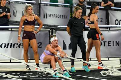 Lucy Procter and Sinead Bent during the sled pull in the Elite Doubles race at the HYROX World Championship in Stockholm, Sweden in June 2026.