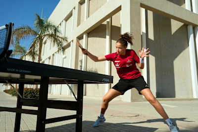 Hana Goda showcases intense table tennis action at Red Bull Athlete Announcement photoshoot held at District5, Cairo, Egypt, in December 2025, highlighting Red Bull's dynamic spirit