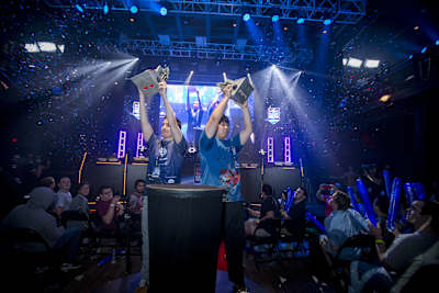 Pro Gamers Huk and MC celebrate the Championship win in the finals at Red Bull BattleGrounds in Silver Springs, USA. 