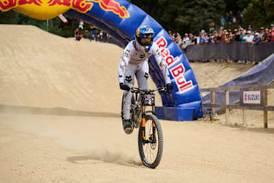 Asa Vermette crosses the finish line during seeding run at Red Bull Hardline at Maydena Bike Park in Maydena, Australia on February 7, 2026.