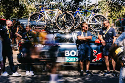 Zak Dempster and John Wakefield of Red Bull - BORA - hansgrohe with team bikes in France during Stage 3 of the 113th Tour de France. 