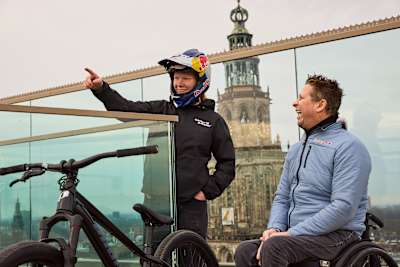 Patricia Druwen and Tarek Rasouli are exploring sites for Red Bull District Ride in Groningen, Netherlands, January 2026, surrounded by a dynamic urban backdrop