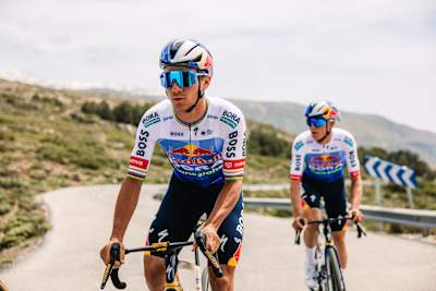 Remco Evenepoel and Maxim van Gils showcase the Red Bull – BORA – hansgrohe Tour de France jersey during a 2026 photoshoot in Sierra Nevada, Spain