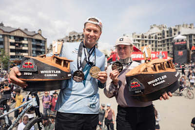 Dawid Godziek and Alma Wiggberg pose for a portrait at Red Bull Joyride in Whistler, Canada on July 27, 2024.