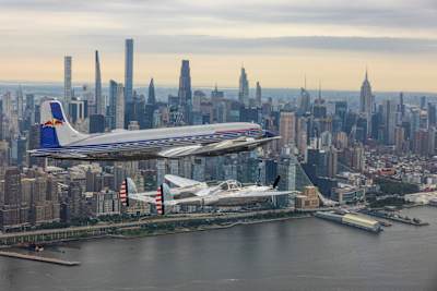 Red Bull DC-6 and P-38 fly over Manhattan, New York, USA on July 11, 2026.