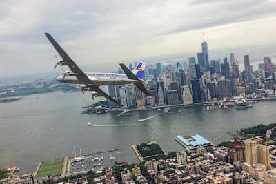 Red Bull DC-6 flies over Manhattan, New York, USA on July 11, 2026.