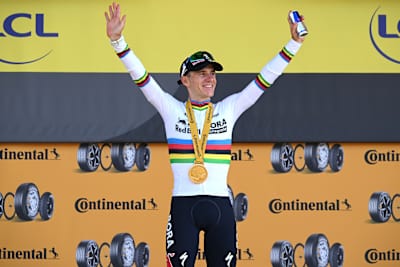 Remco Evenepoel celebrates as stage 16 winner during the 113th Tour de France 2026 on July 21, 2026 in Thonon-les-Bains, France. 