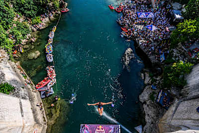 In 2025, Colombia’s Isabel Perez dives from the 21.5-metre Stari Most during the Red Bull Cliff Diving World Series in Mostar, Bosnia and Herzegovina
