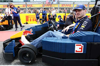 Max Verstappen in a Lego Minicar on the drivers parade prior to the F1 Grand Prix of Great Britain at Silverstone Circuit on July 5, 2026.