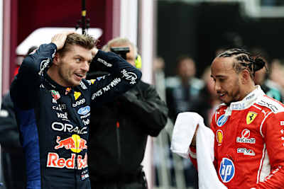 Lewis Hamilton and Max Verstappen talk in parc ferme during the F1 Grand Prix of Canada at Circuit Gilles-Villeneuve in Montreal, Quebec. 