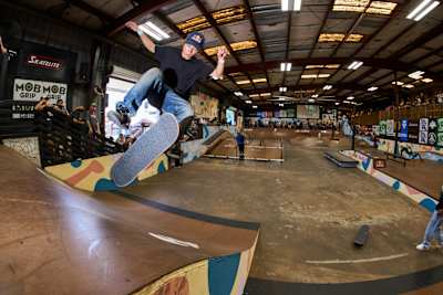 Yuto Horigome 360 flips to fakie at Tampa Pro in Tampa, Florida, USA on April 12, 2026.