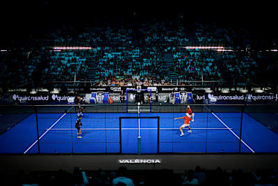 Alejandro Galán, Federico Chingotto, Leandro Augsburger and Juan Lébron perform during the semi-finals of the Premier Padel P1 Valencia in Spain. 