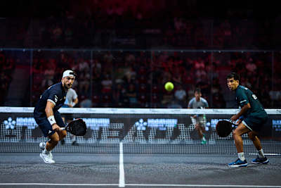 Alejandro Galán and Federico Chingotto during the quarter finals of the Premier Padel P2 in Bordeaux, France.