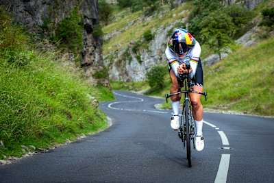 Zoe Backstedt powers along the winding road through Cheddar Gorge in the United Kingdom. 