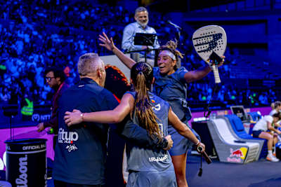 Bea González and Claudia Fernández celebrating after the Qatar Airways Premier Padel Finals in Barcelona, Spain on December 13, 2025.